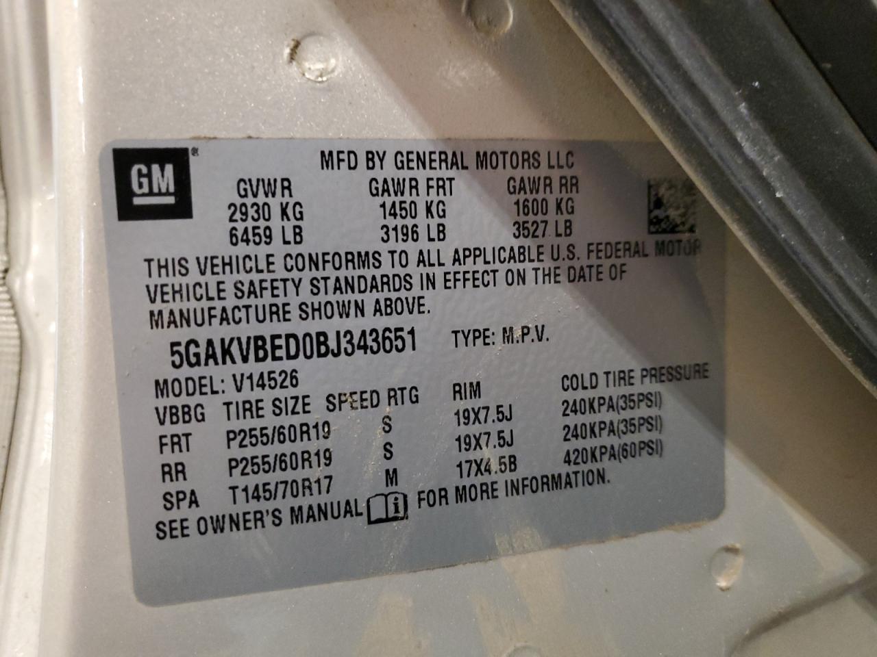 2011 Buick Enclave Cxl VIN: 5GAKVBED0BJ343651 Lot: 91755345