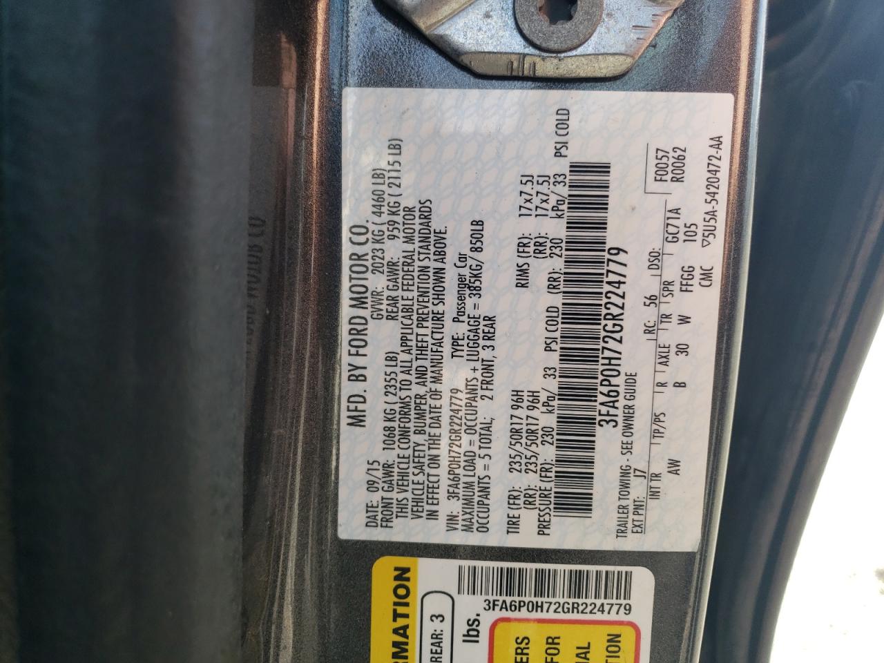 2016 Ford Fusion Se VIN: 3FA6P0H72GR224779 Lot: 86466965