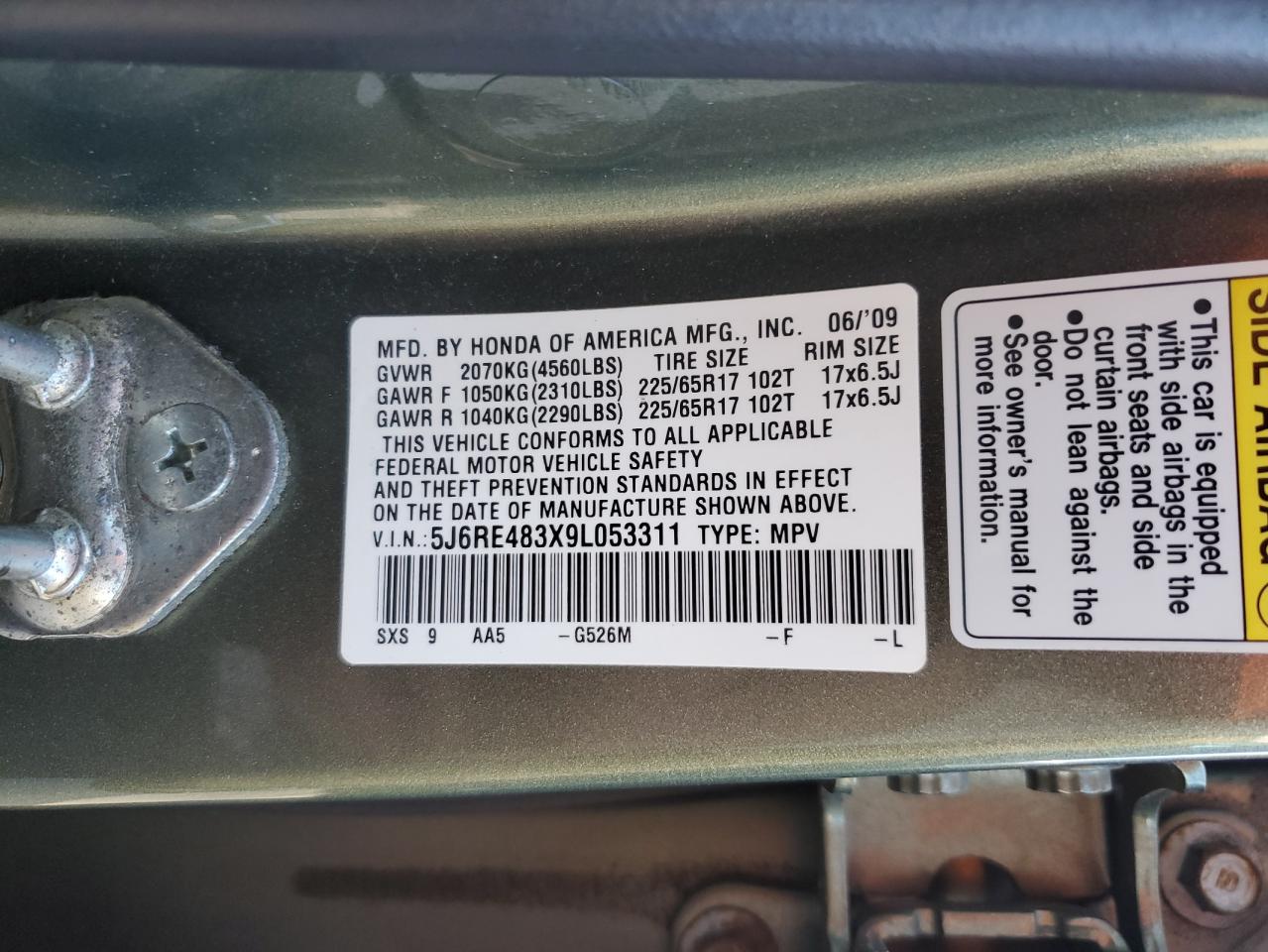 2009 Honda Cr-V Lx VIN: 5J6RE483X9L053311 Lot: 91826565