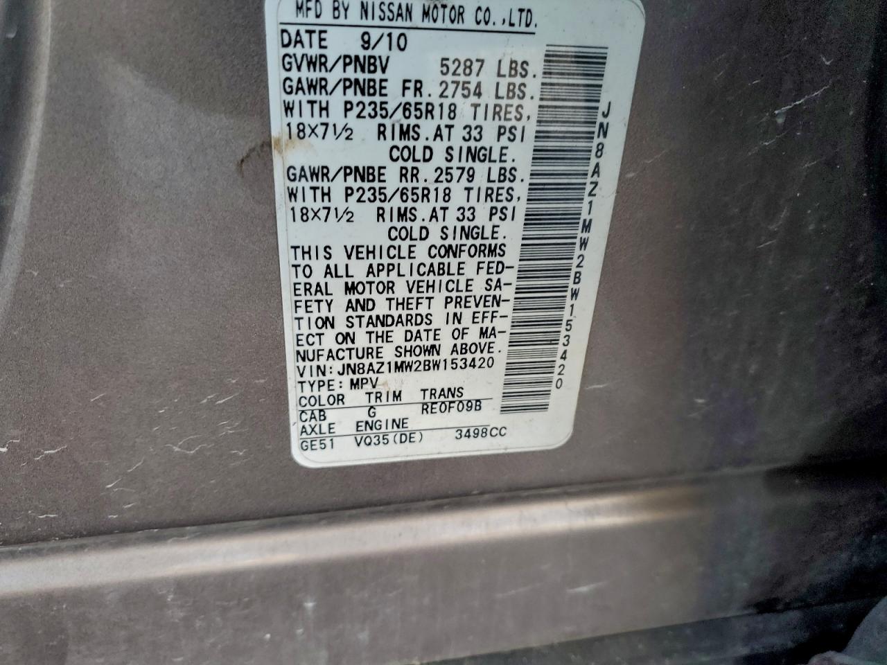 2011 Nissan Murano S VIN: JN8AZ1MW2BW153420 Lot: 93923225