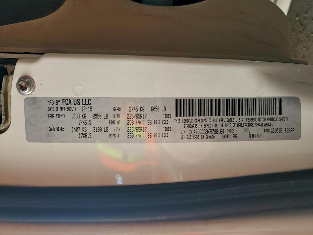 2019 Dodge Grand Caravan Sxt VIN: 2C4RDGCG9KR798164 Lot: 94244065