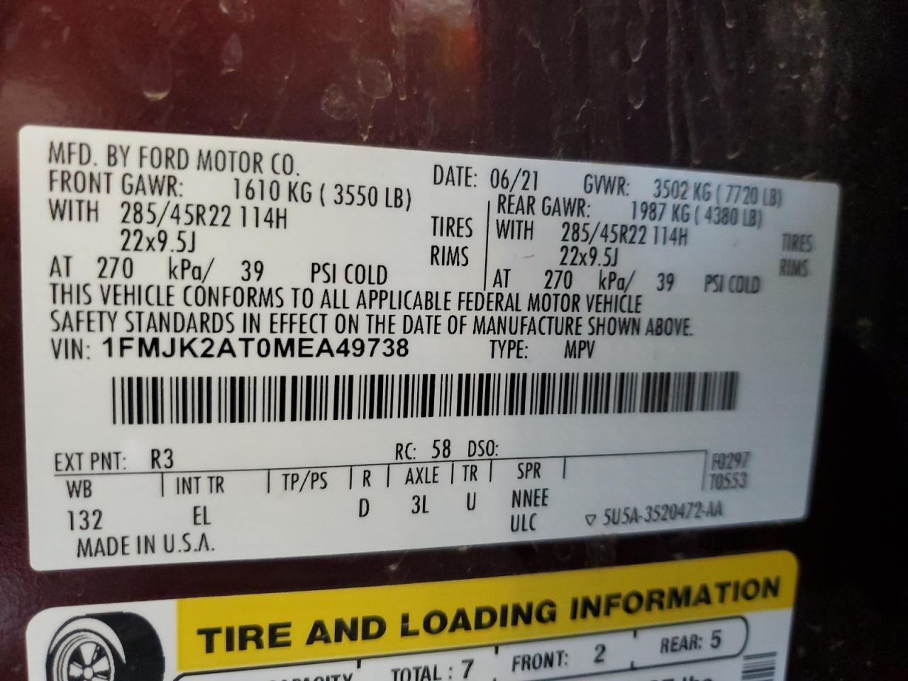 2021 Ford Expedition Max Limited VIN: 1FMJK2AT0MEA49738 Lot: 92615355