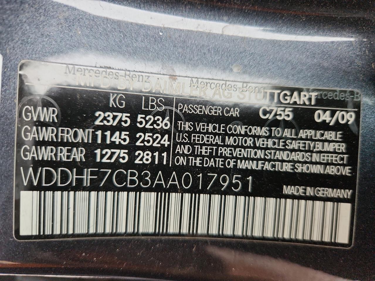 2010 Mercedes-Benz E 550 VIN: WDDHF7CB3AA017951 Lot: 93146305