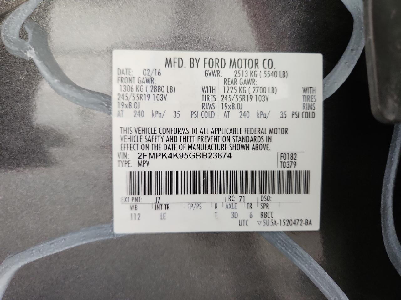 2016 Ford Edge Titanium VIN: 2FMPK4K95GBB23874 Lot: 92485675