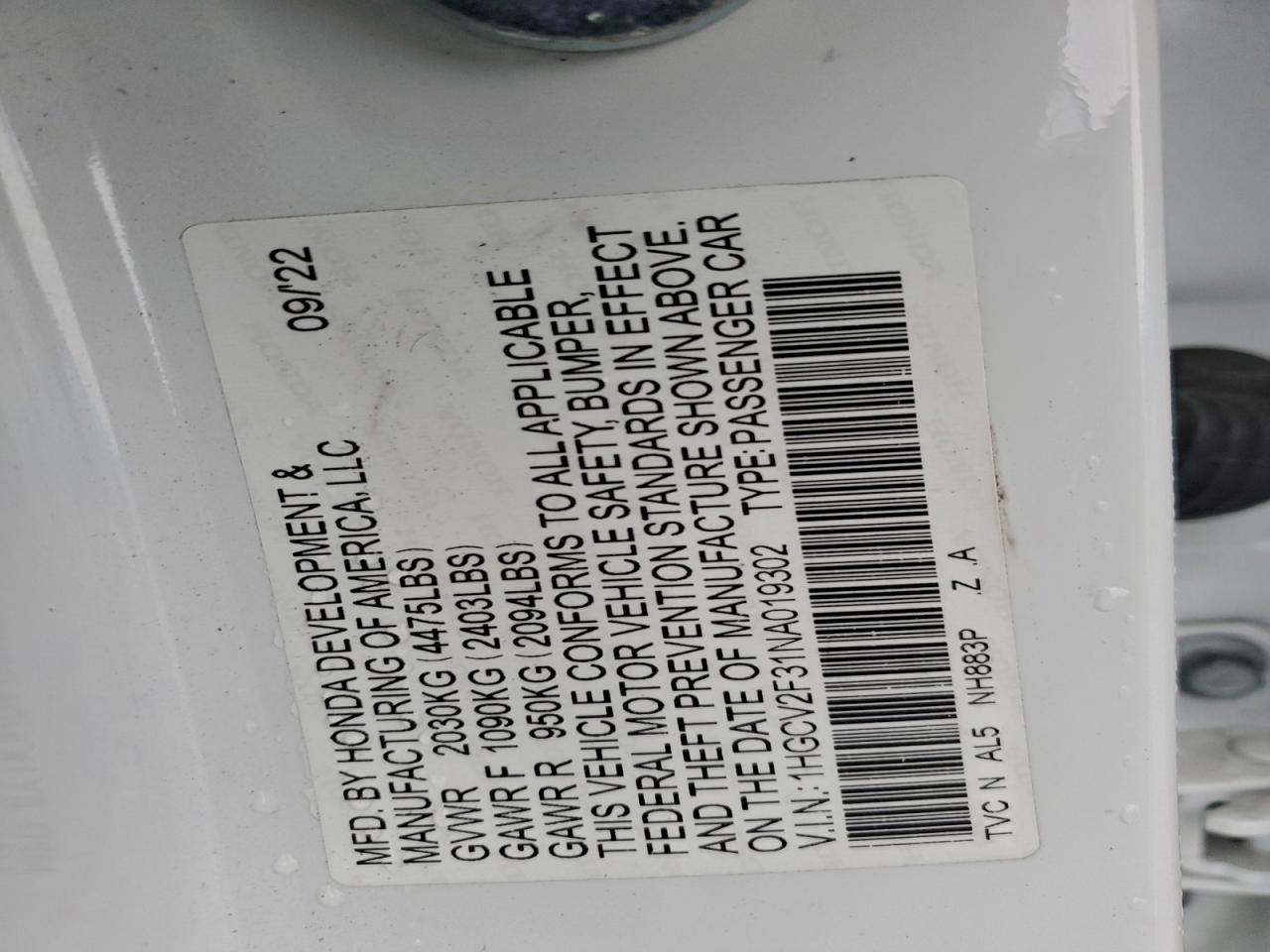 2022 Honda Accord Sport VIN: 1HGCV2F31NA019302 Lot: 93356165