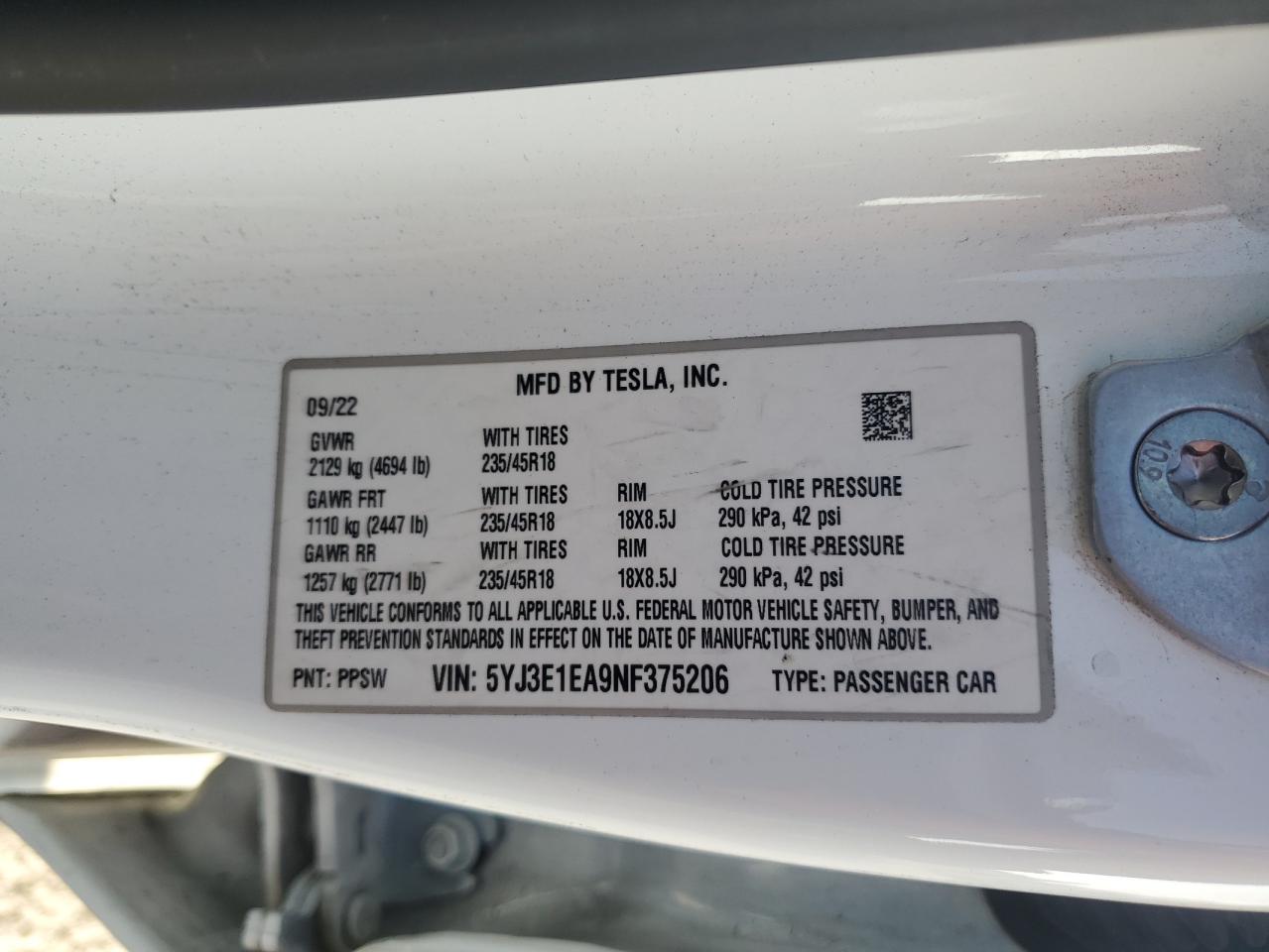 2022 Tesla Model 3 VIN: 5YJ3E1EA9NF375206 Lot: 91457295