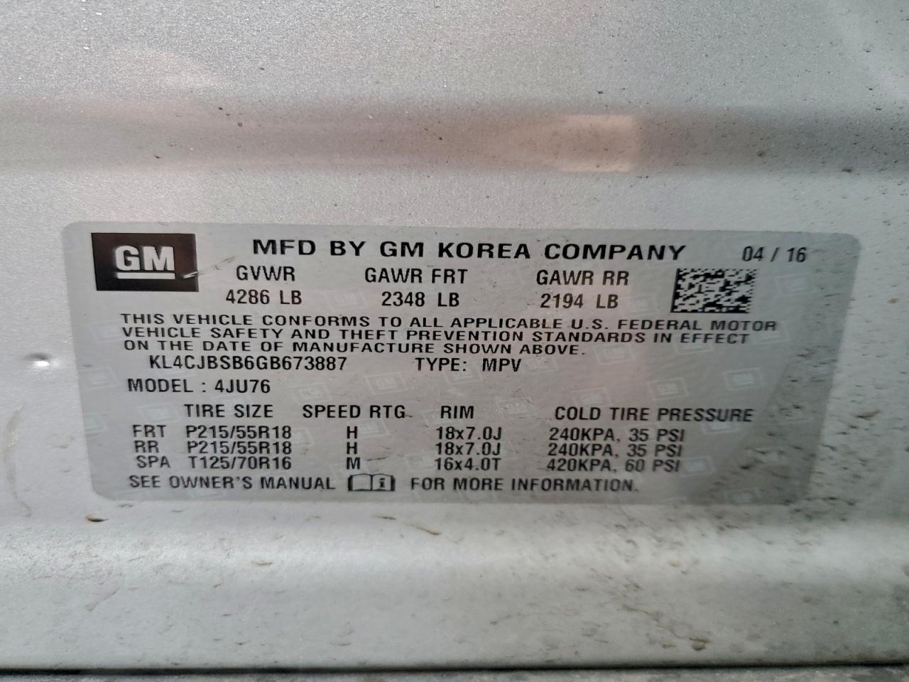 2016 Buick Encore Convenience VIN: KL4CJBSB6GB673887 Lot: 93497905