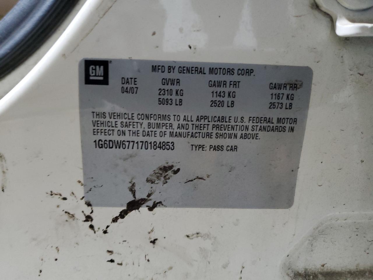 2007 Cadillac Sts VIN: 1G6DW677170184853 Lot: 93178925