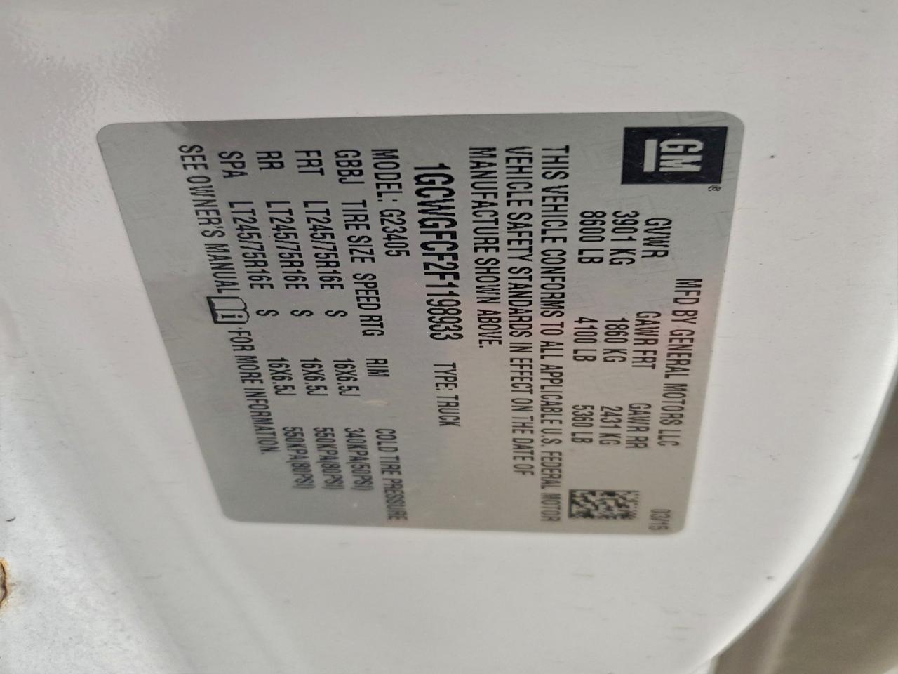 2015 Chevrolet Express G2500 VIN: 1GCWGFCF2F1198933 Lot: 92815755