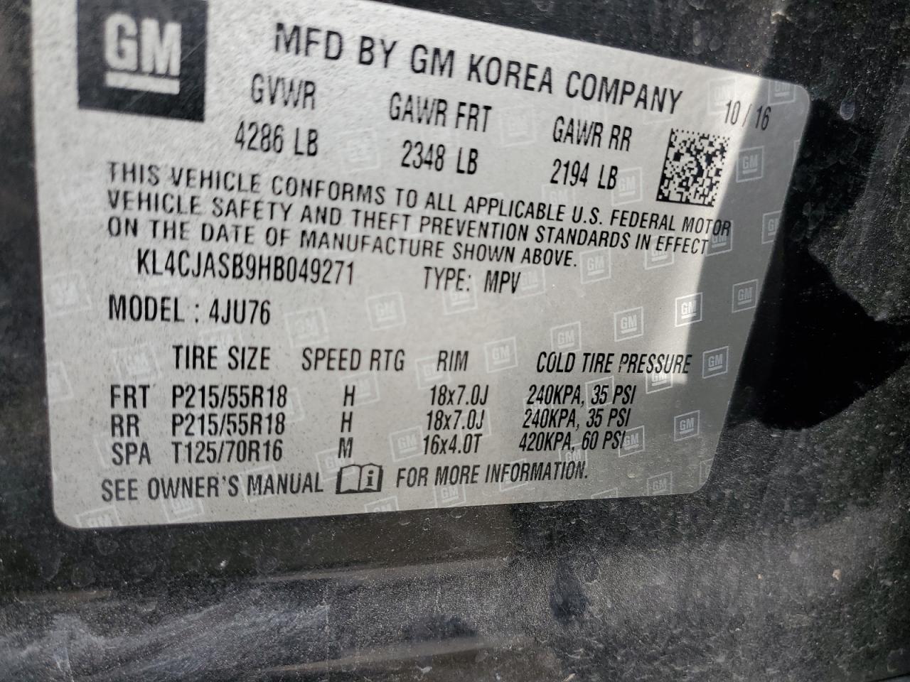 2017 Buick Encore Preferred VIN: KL4CJASB9HB049271 Lot: 93105795