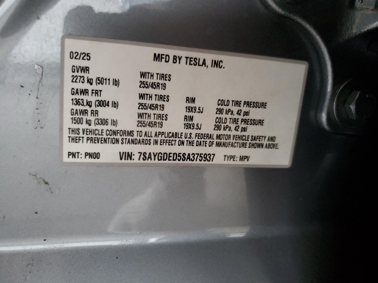 2025 Tesla Model Y VIN: 7SAYGDED5SA375937 Lot: 91885525