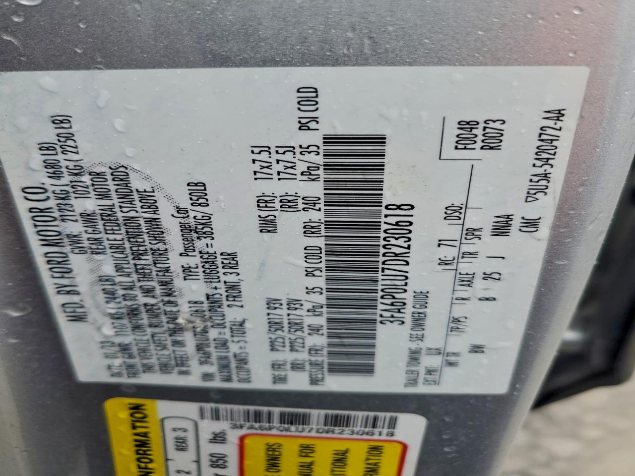 2013 Ford Fusion Se Hybrid VIN: 3FA6P0LU7DR230618 Lot: 94590245