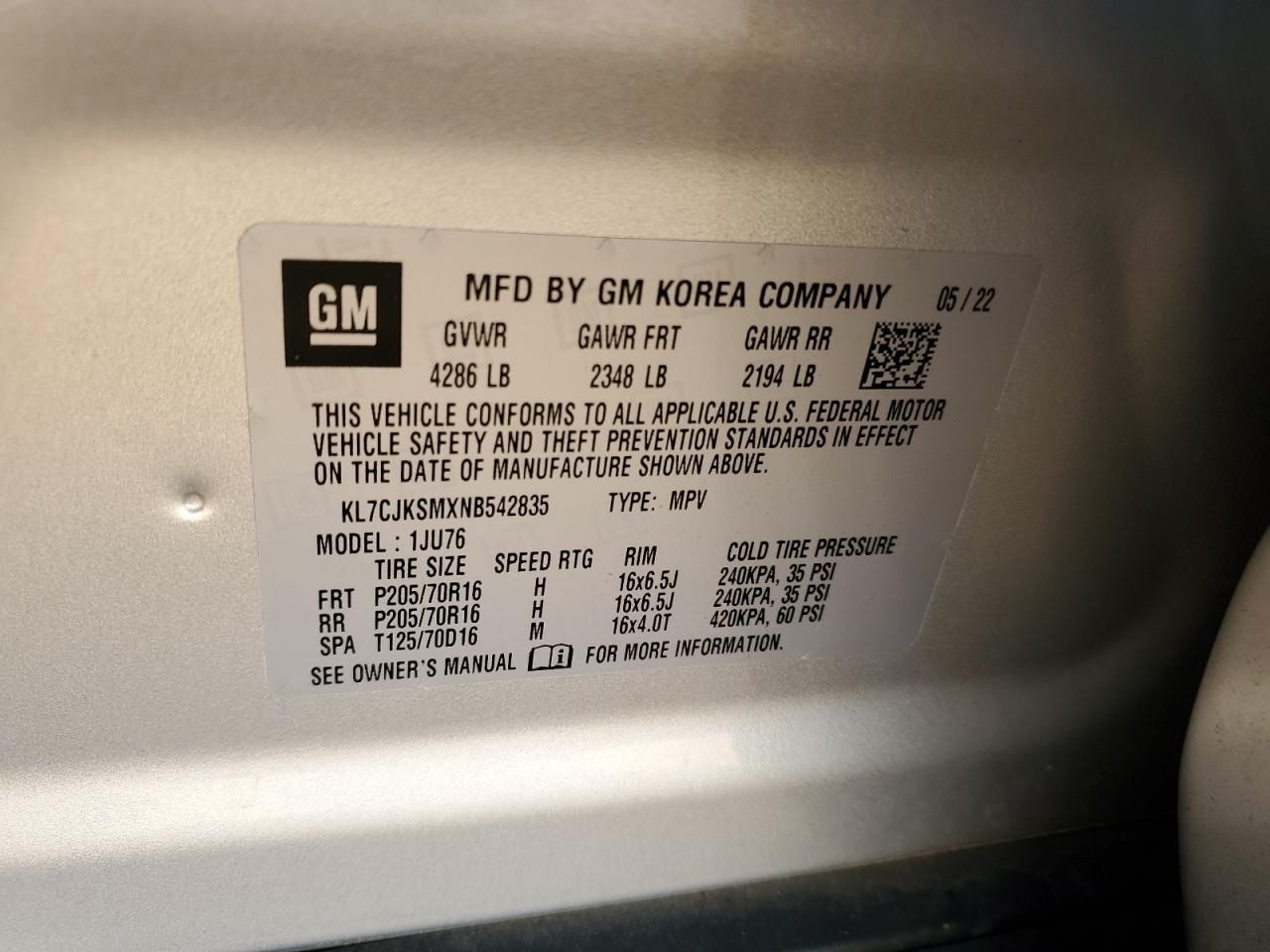 2022 Chevrolet Trax Ls VIN: KL7CJKSMXNB542835 Lot: 93557165