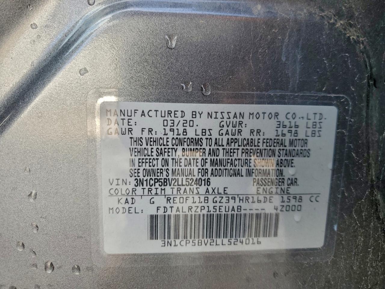 2020 Nissan Kicks S VIN: 3N1CP5BV2LL524016 Lot: 93739985