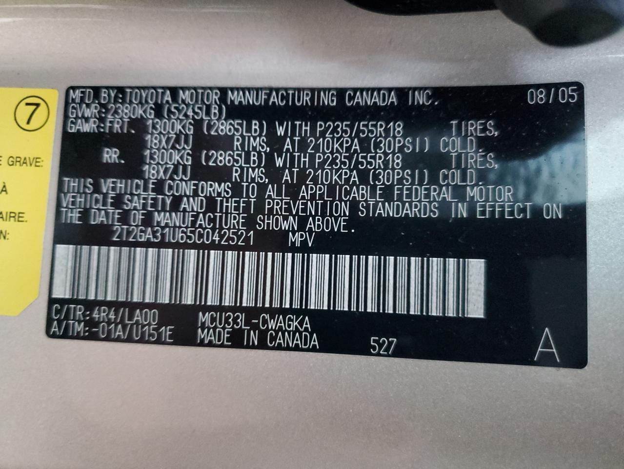 2005 Lexus Rx 330 VIN: 2T2GA31U65C042521 Lot: 92900155