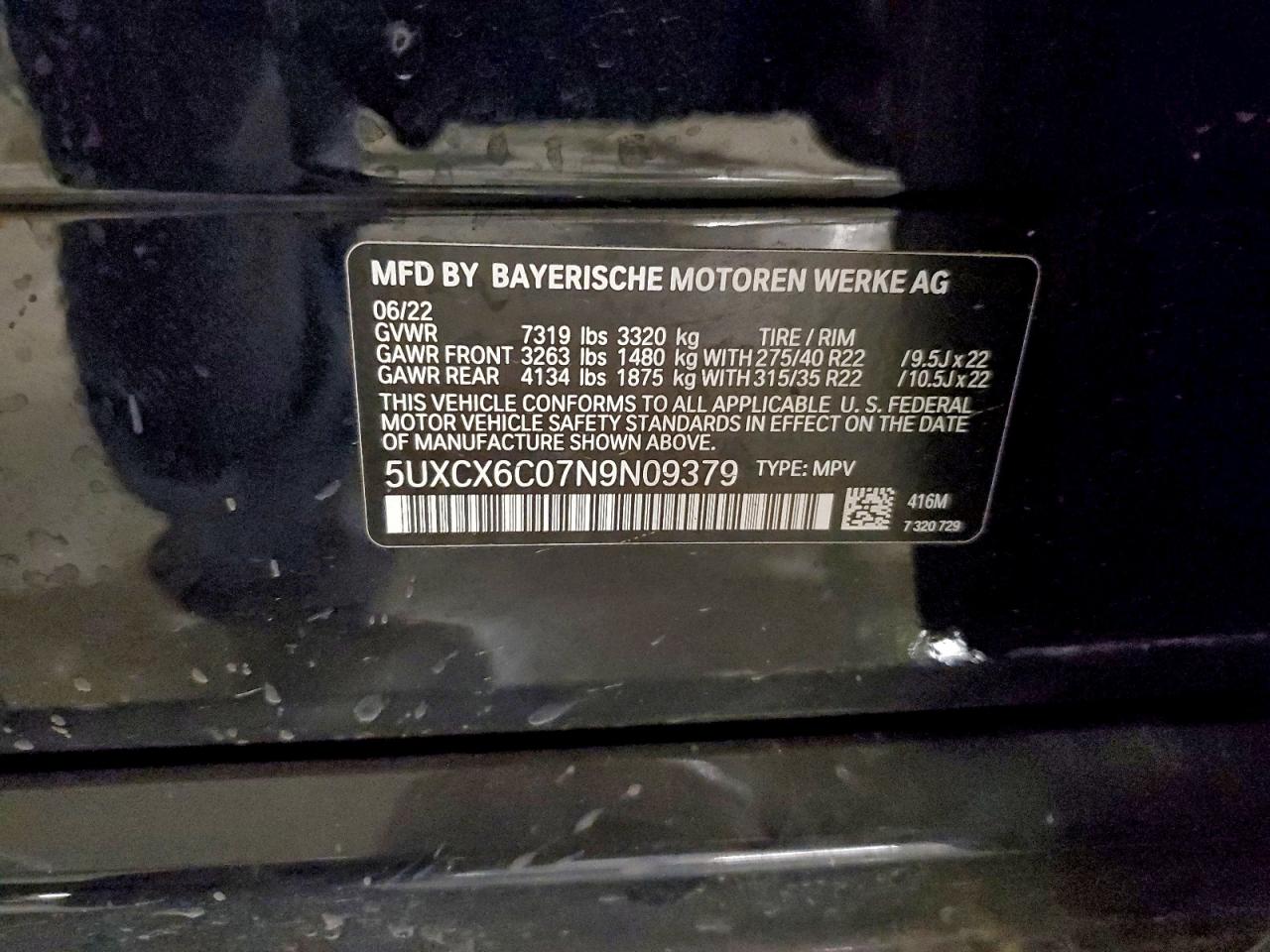 2022 BMW X7 M50I VIN: 5UXCX6C07N9N09379 Lot: 93020185
