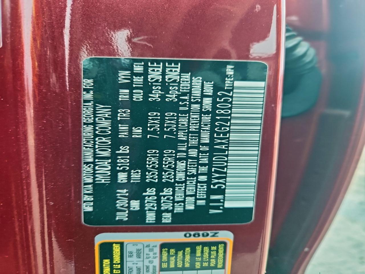 2014 Hyundai Santa Fe Sport VIN: 5XYZUDLAXEG218052 Lot: 94462335