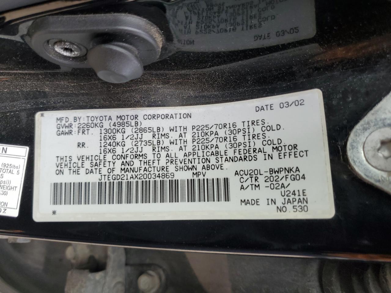 2002 Toyota Highlander VIN: JTEGD21AX20034869 Lot: 91434955