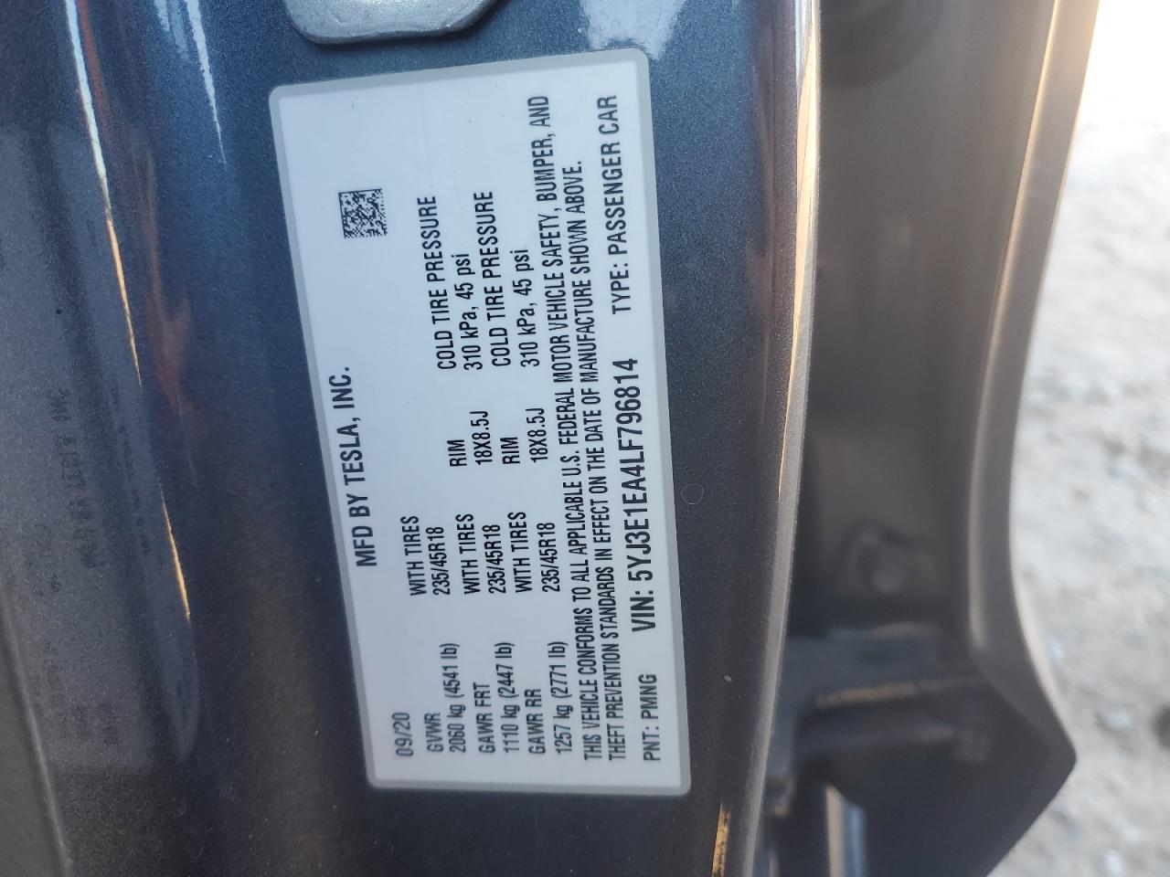 2020 Tesla Model 3 VIN: 5YJ3E1EA4LF796814 Lot: 92607905