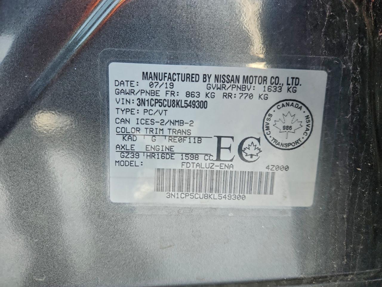 2019 Nissan Kicks S VIN: 3N1CP5CU8KL549300 Lot: 93833615