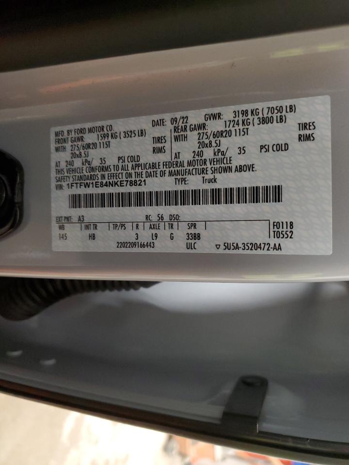 2022 Ford F150 Supercrew VIN: 1FTFW1E84NKE78821 Lot: 93340385