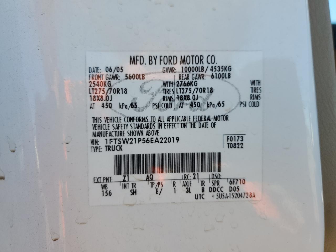 2006 Ford F250 Super Duty VIN: 1FTSW21P56EA22019 Lot: 92822555