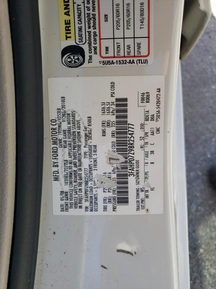 2008 Ford Fusion Se VIN: 3FAHP07Z98R254777 Lot: 92446235