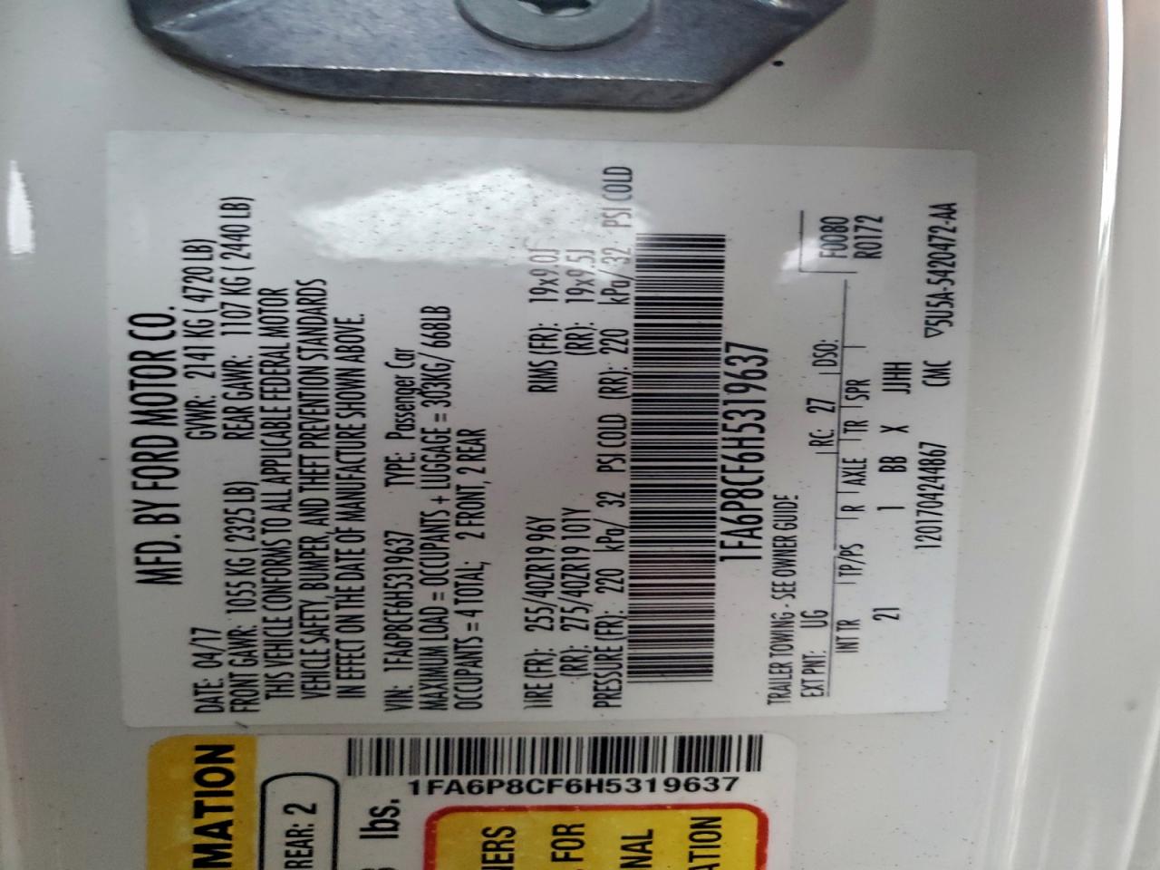 2017 Ford Mustang Gt VIN: 1FA6P8CF6H5319637 Lot: 93883935