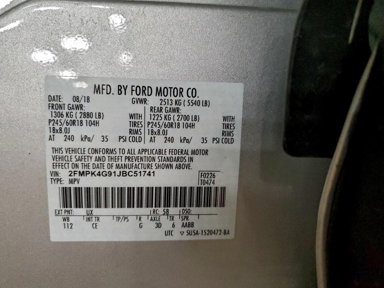 2018 Ford Edge Se VIN: 2FMPK4G91JBC51741 Lot: 94061055