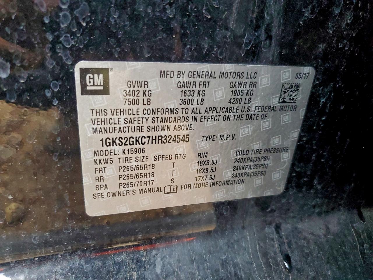 2017 GMC Yukon Xl K1500 Slt VIN: 1GKS2GKC7HR324545 Lot: 93954295