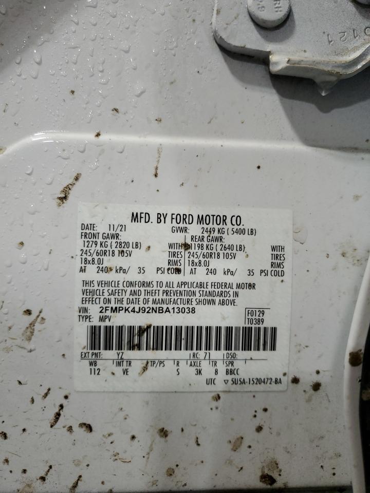 2022 Ford Edge Sel VIN: 2FMPK4J92NBA13038 Lot: 91228325