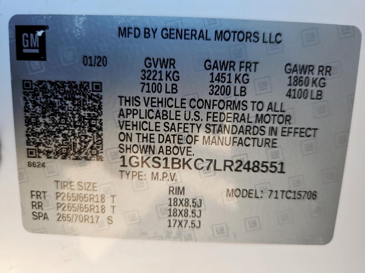 2020 GMC Yukon Slt VIN: 1GKS1BKC7LR248551 Lot: 91414765