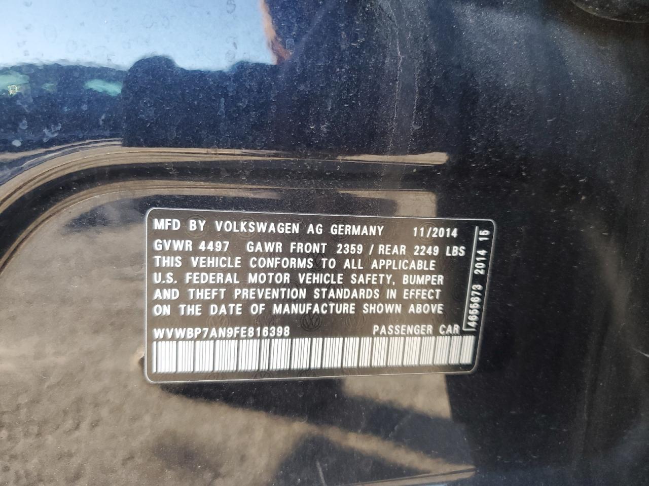 2015 Volkswagen Cc Sport VIN: WVWBP7AN9FE816398 Lot: 92787475