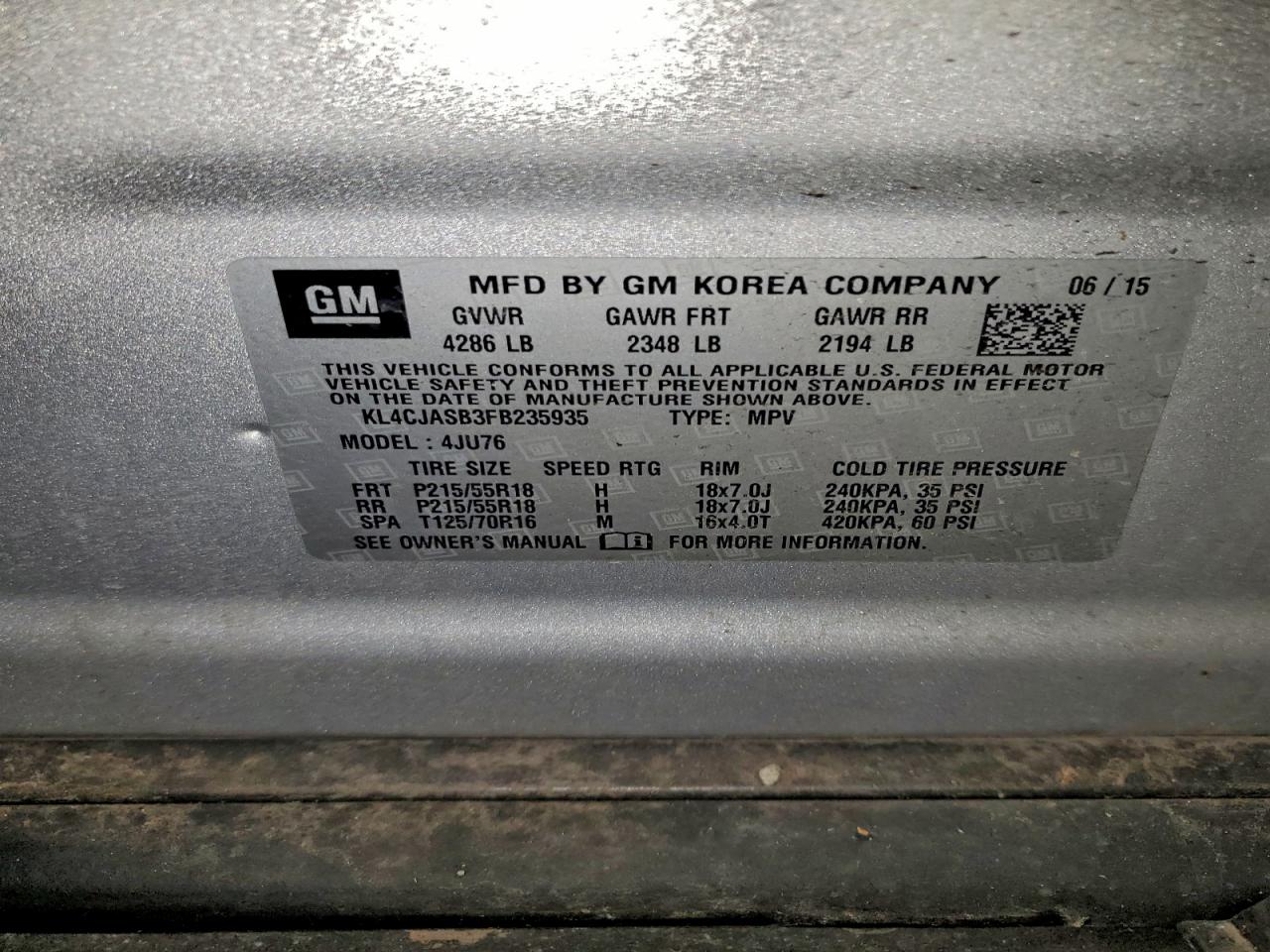 2015 Buick Encore VIN: KL4CJASB3FB235935 Lot: 94239555