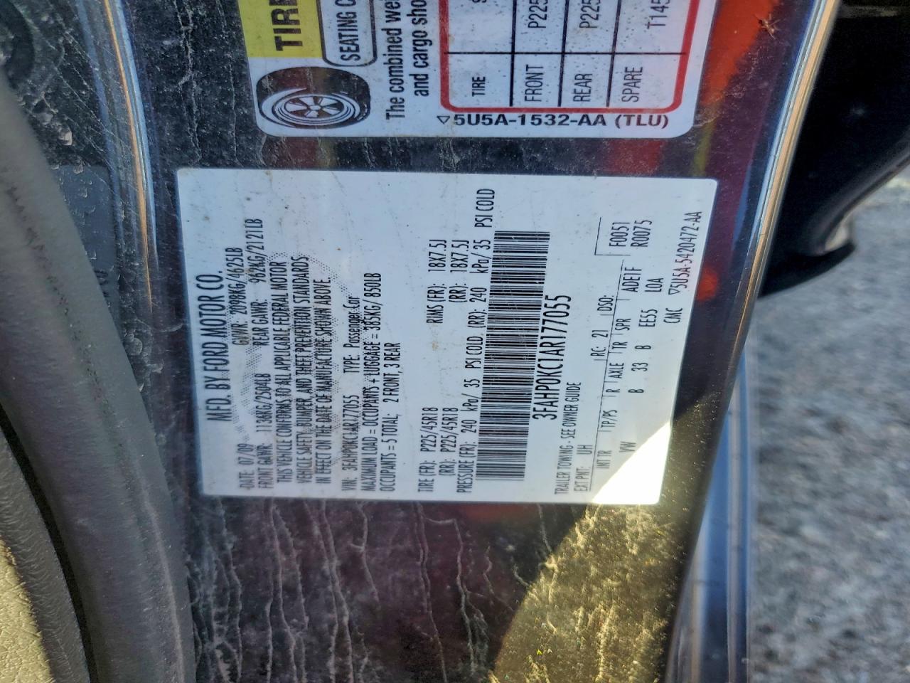 2011 Ford Fusion Sport VIN: 3FAHP0KC1AR177055 Lot: 93204205