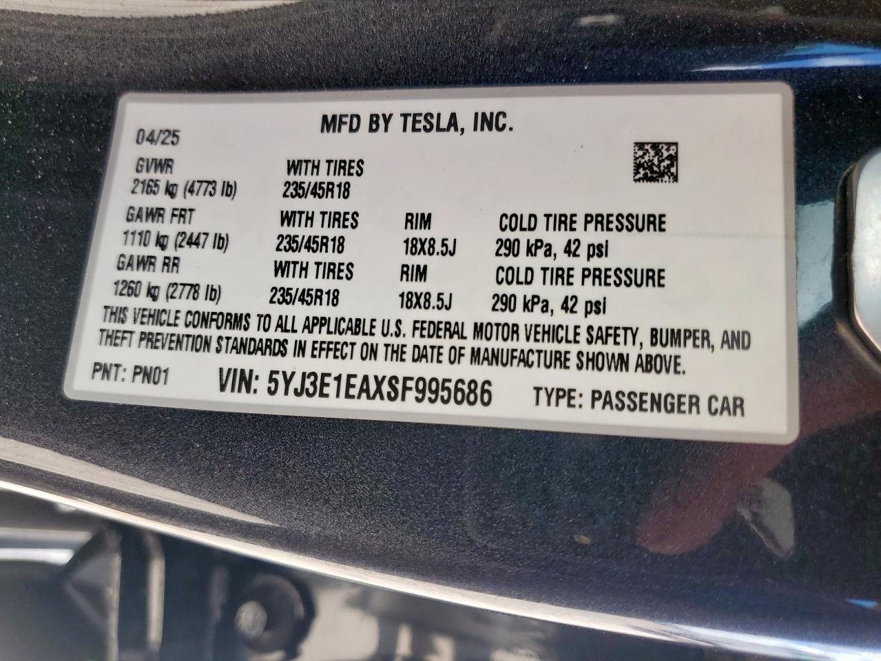 2025 Tesla Model 3 VIN: 5YJ3E1EAXSF995686 Lot: 92867735