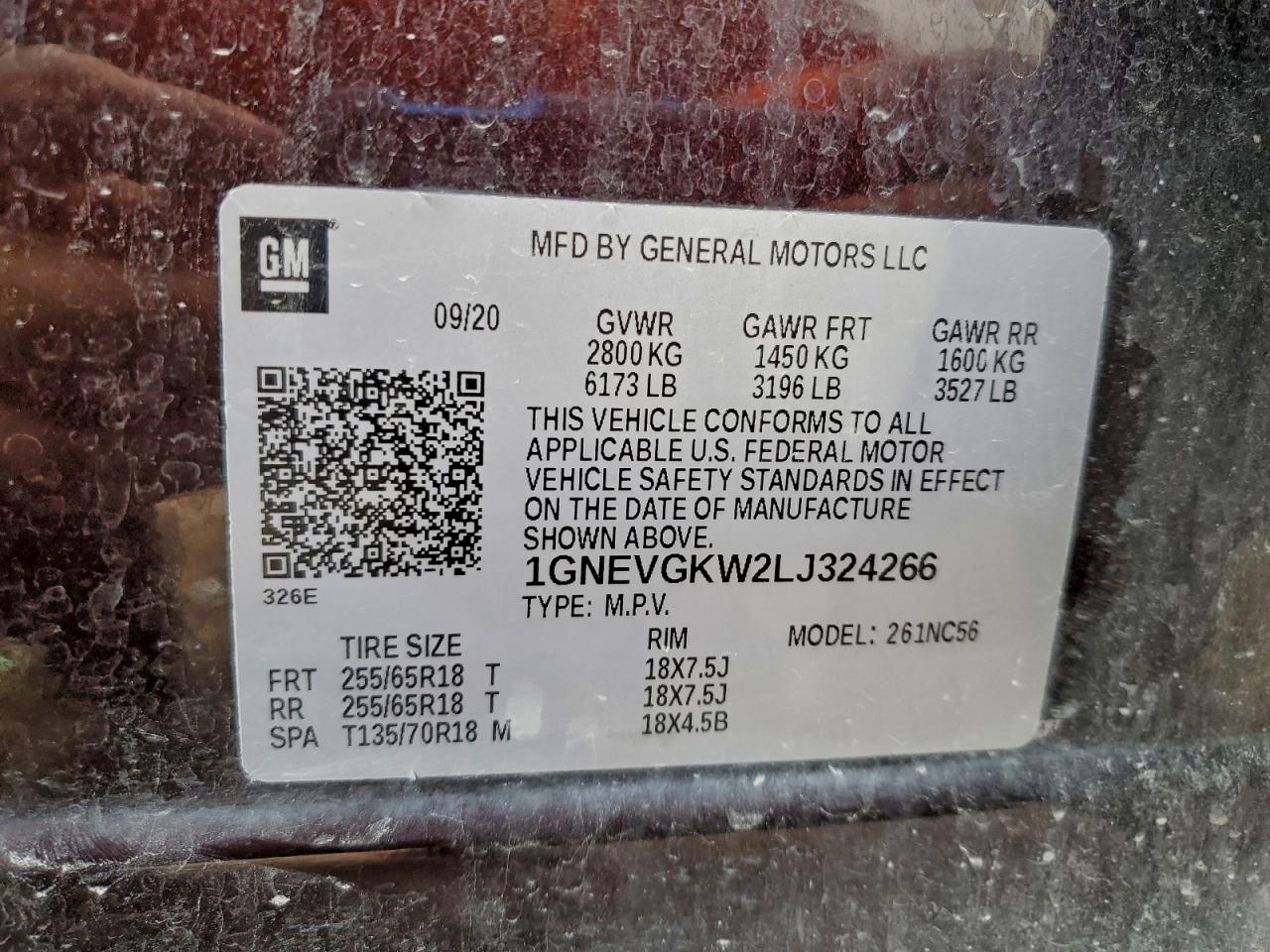 2020 Chevrolet Traverse Lt VIN: 1GNEVGKW2LJ324266 Lot: 93768865