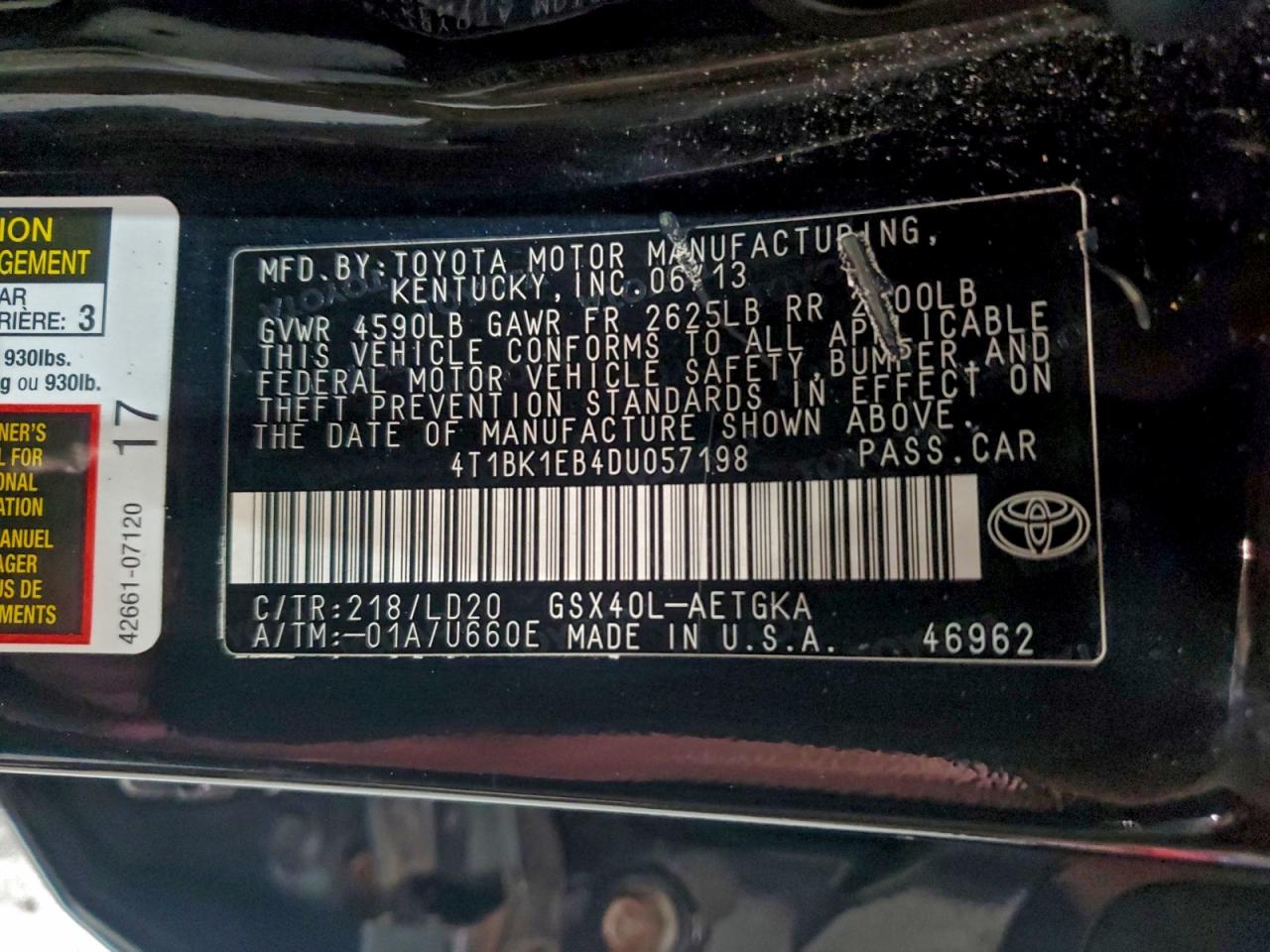 2013 Toyota Avalon Base VIN: 4T1BK1EB4DU057198 Lot: 93830045