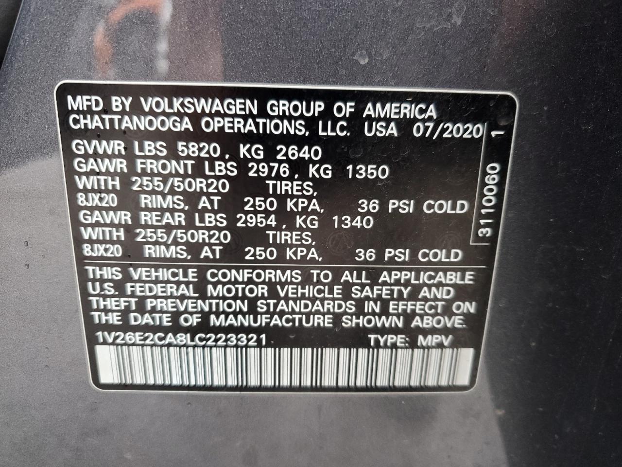 2020 Volkswagen Atlas Cross Sport Se VIN: 1V26E2CA8LC223321 Lot: 93402315