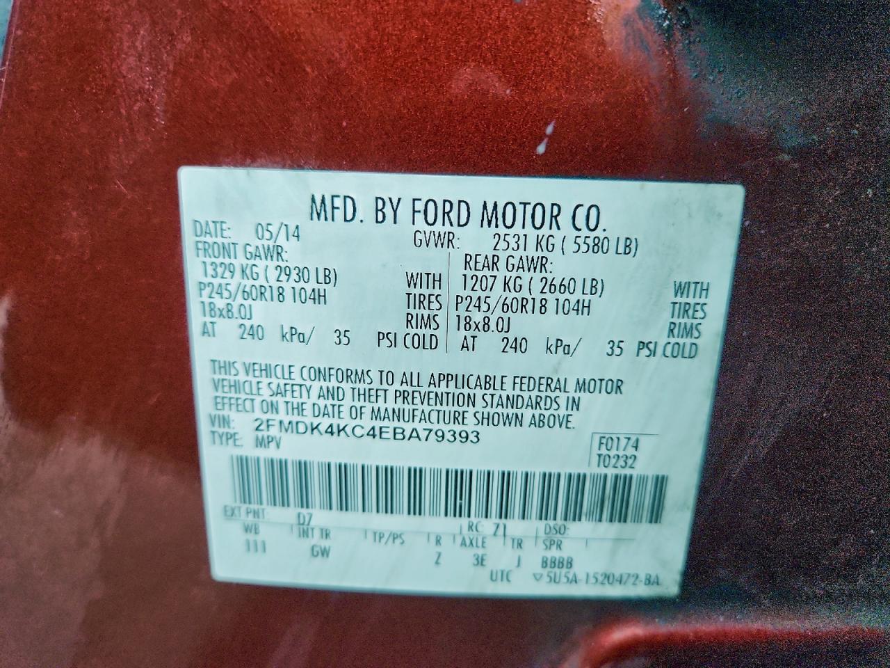 2014 Ford Edge Limited VIN: 2FMDK4KC4EBA79393 Lot: 94413915