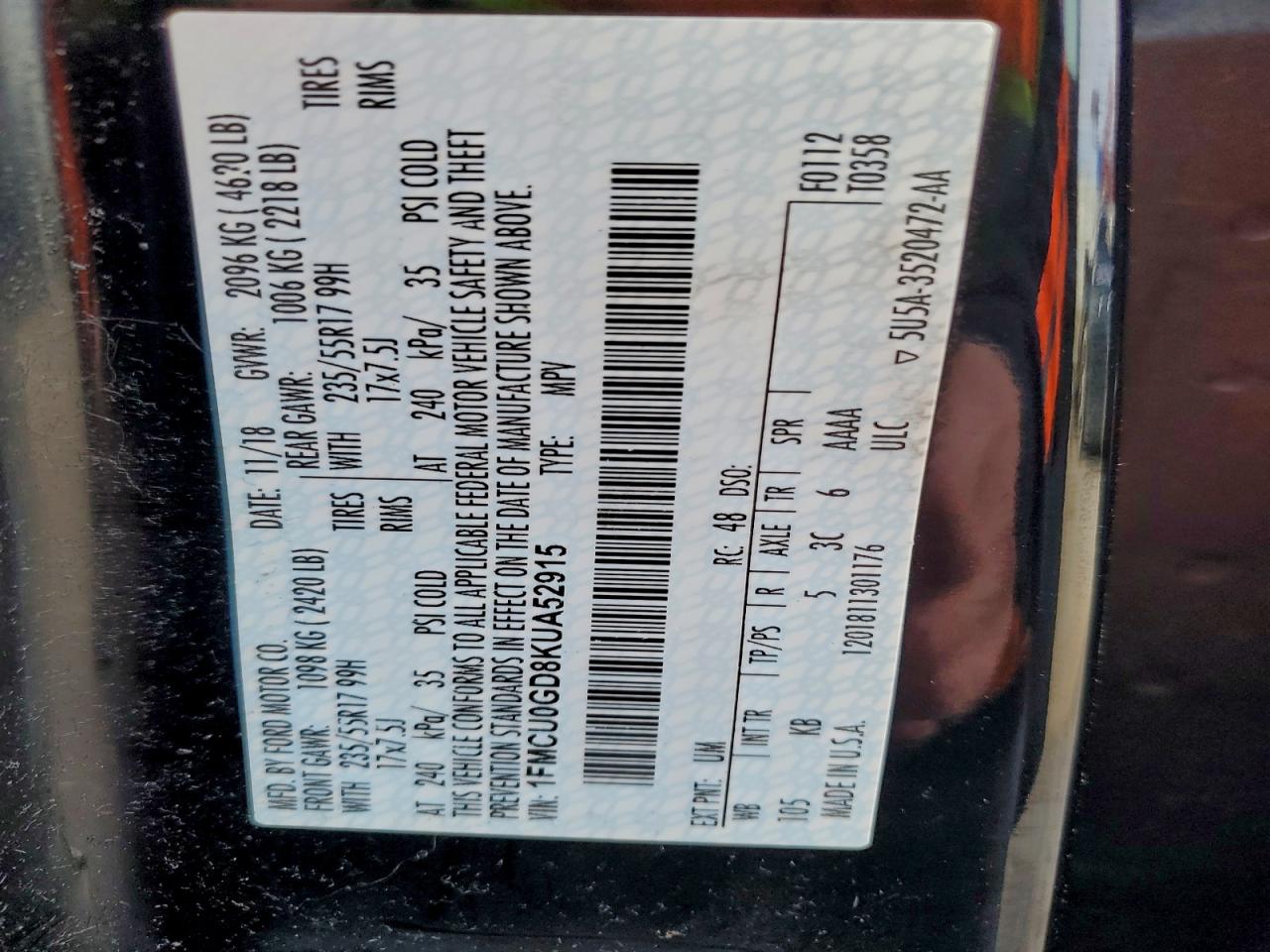 2019 Ford Escape Se VIN: 1FMCU0GD8KUA52915 Lot: 94057185