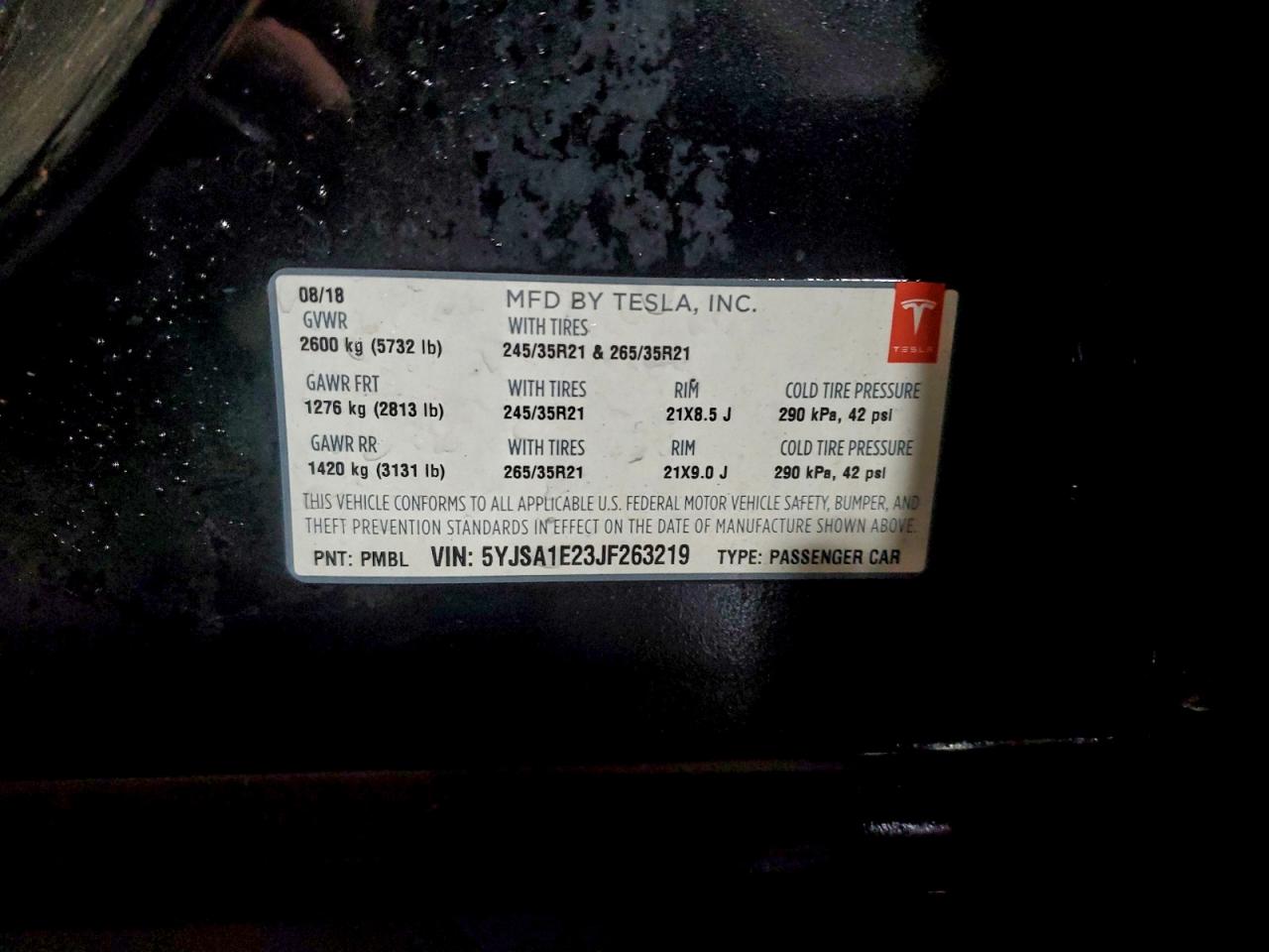 2018 Tesla Model S VIN: 5YJSA1E23JF263219 Lot: 93121235