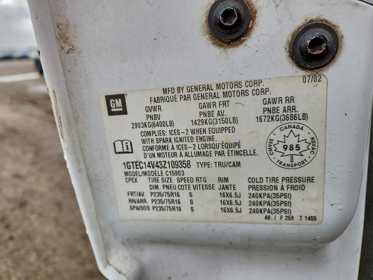 2003 GMC New Sierra C1500 VIN: 1GTEC14V43Z109358 Lot: 93846275