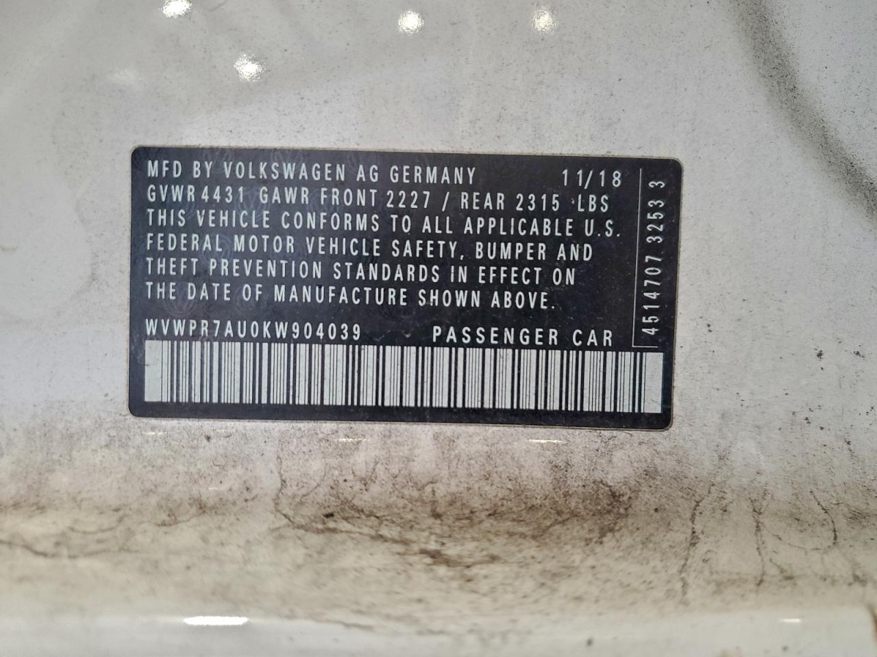 2019 Volkswagen E-Golf Sel Premium VIN: WVWPR7AU0KW904039 Lot: 94071605