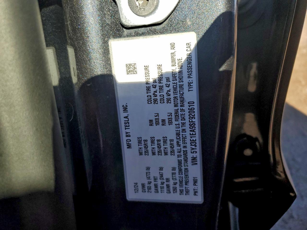 2025 Tesla Model 3 VIN: 920610 Lot: 94592635