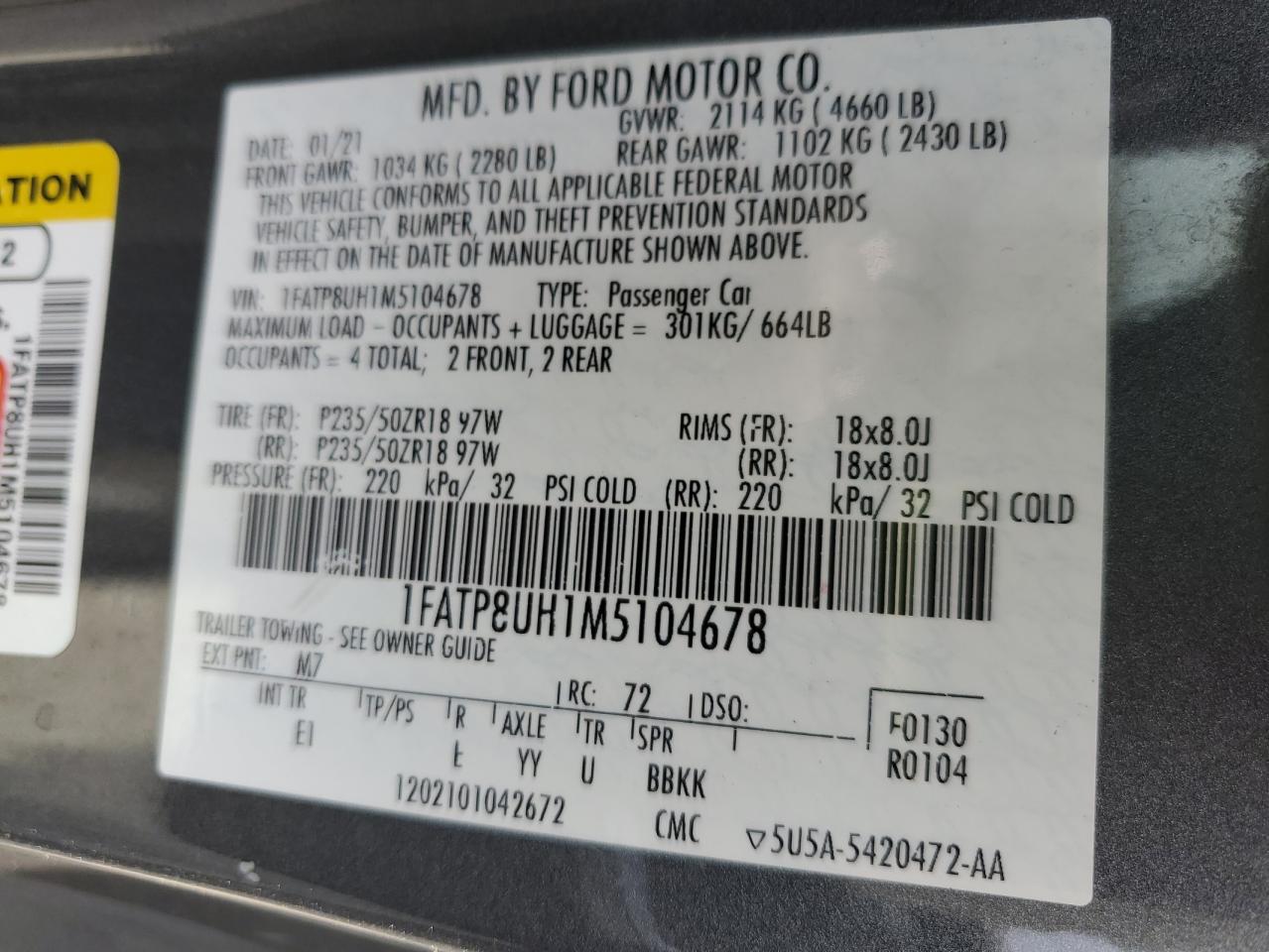 2021 Ford Mustang VIN: 1FATP8UH1M5104678 Lot: 91447495