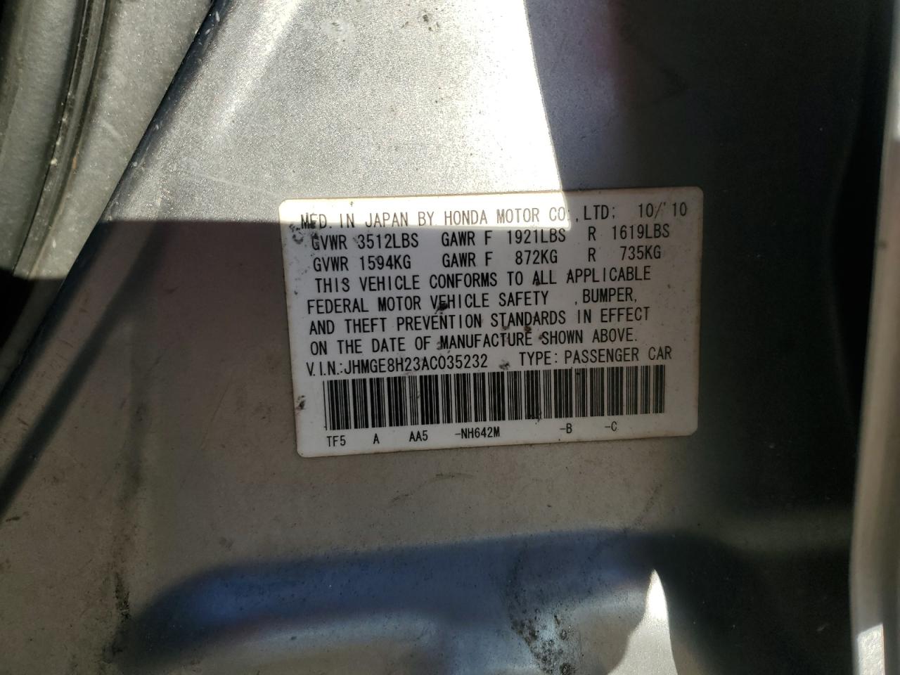 2010 Honda Fit VIN: JHMGE8H23AC035232 Lot: 91005675