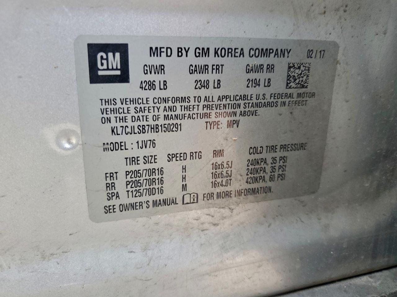 2017 Chevrolet Trax 1Lt VIN: KL7CJLSB7HB150291 Lot: 94018475