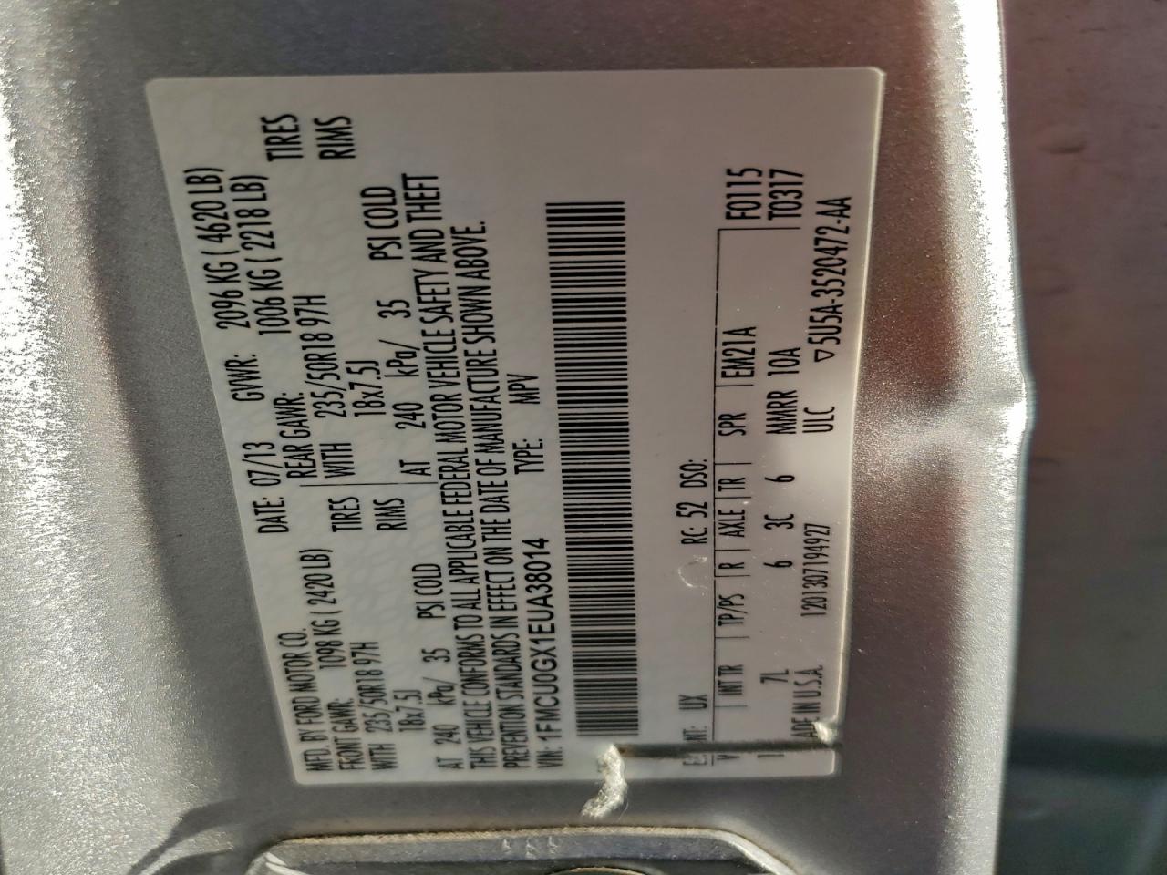 2014 Ford Escape Se VIN: 1FMCU0GX1EUA38014 Lot: 93183045