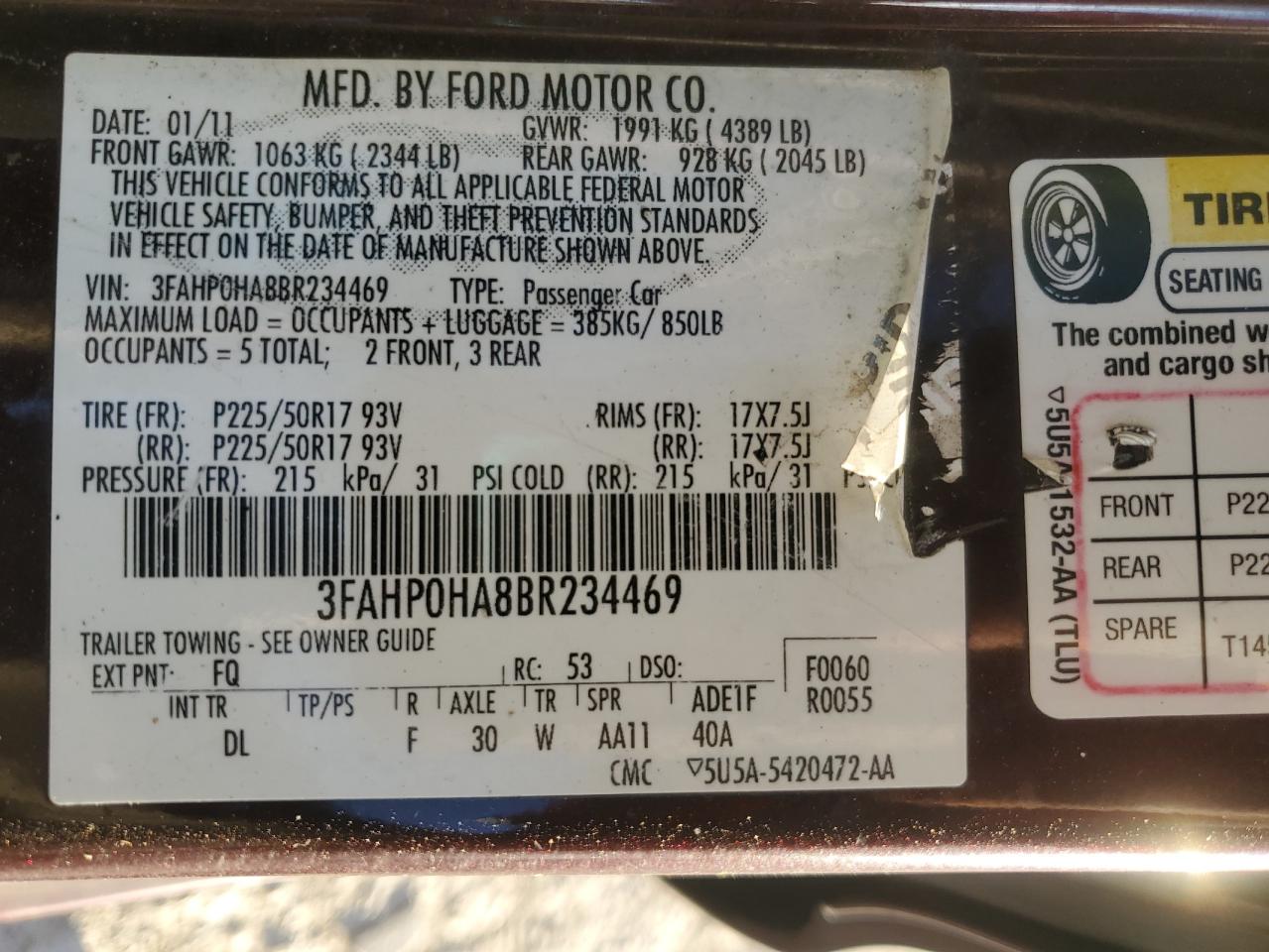 2011 Ford Fusion Se VIN: 3FAHP0HA8BR234469 Lot: 91917795